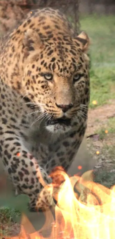 Leopard walking through a fiery forest with visible flames on the ground.