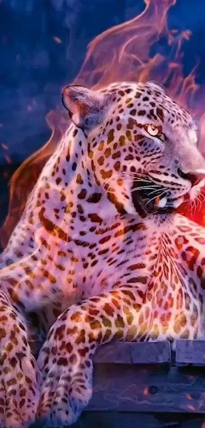 Artistic leopard surrounded by blazing flames, creating a mesmerizing mobile wallpaper.