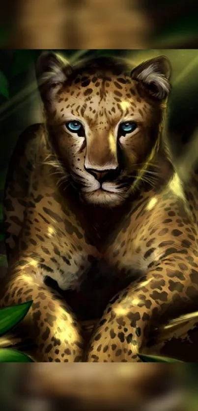 Realistic leopard in jungle wallpaper with green foliage and light play.