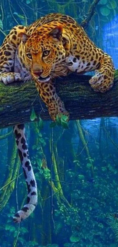 Leopard resting on a tree branch in a vibrant jungle.