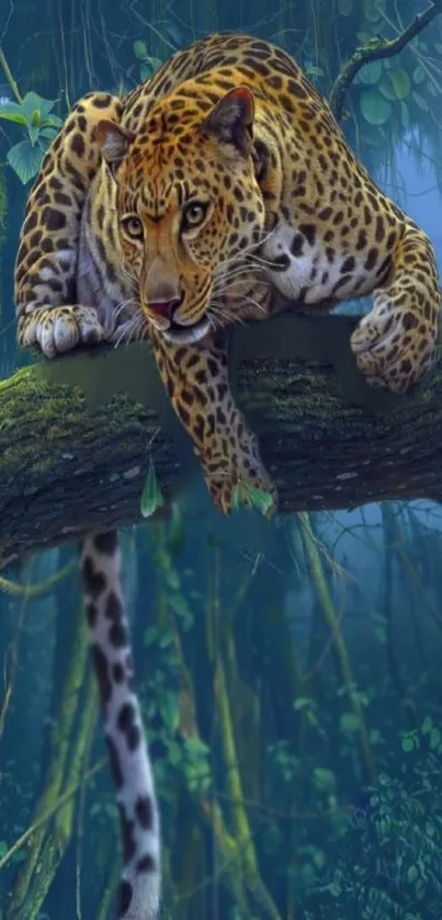 Leopard resting on a tree in a lush jungle setting.