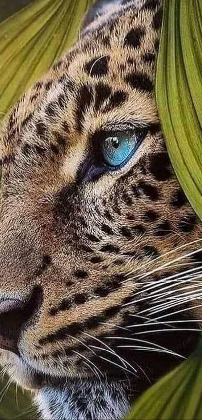 Leopard with blue eyes surrounded by green leaves.