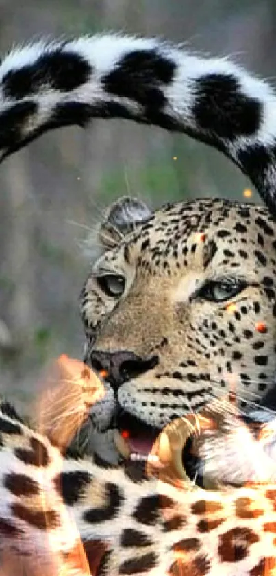 Leopard with a curled tail in natural setting.