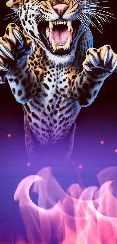 Leopard leaping in front of a purple gradient background.