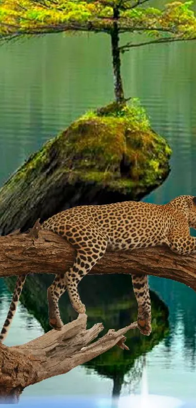 A leopard rests on a tree branch over calm water with lush greenery.