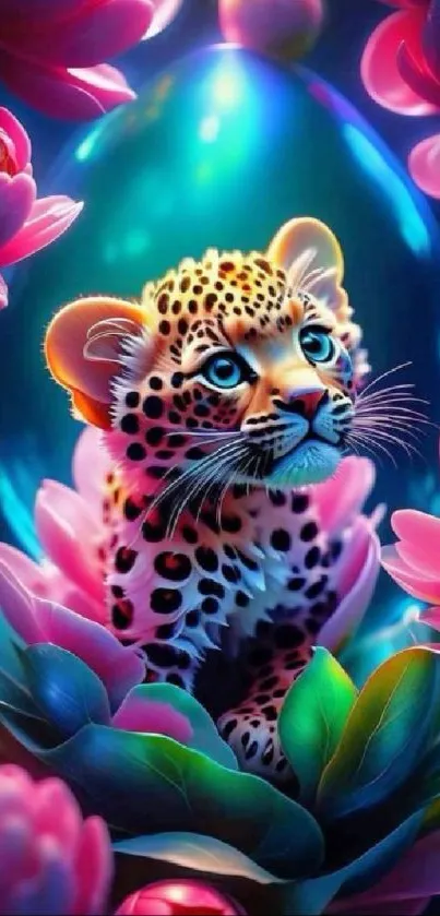 A cute leopard cub surrounded by vibrant flowers in a fantasy setting.