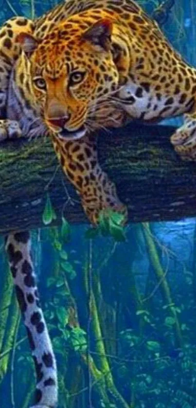 Leopard relaxing on a tree branch in a lush jungle setting.