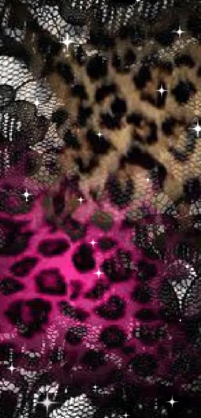 Leopard and lace phone wallpaper with pink accents for a bold look.