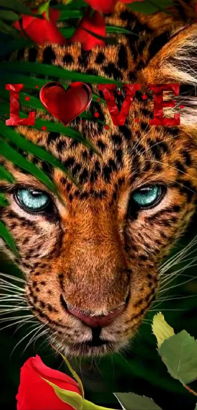 Leopard with captivating blue eyes amidst green leaves and red roses.