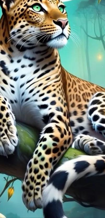 Leopard resting on a tree with a mystical forest background.