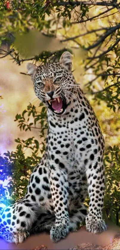 Leopard sitting on a rock surrounded by greenery.