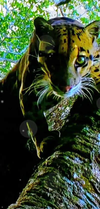 Leopard perched on a large tree in a lush, green forest setting.