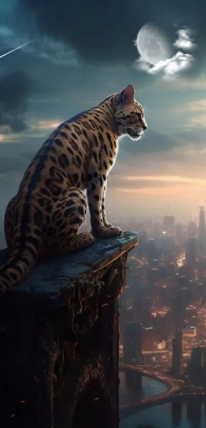 A leopard perched on a cliff, overlooking a city at night.