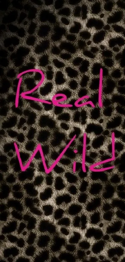 Leopard print wallpaper with pink text.