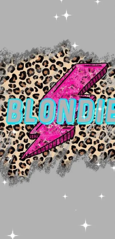 Leopard print and Blondie text wallpaper with pink lightning bolt on gray background.