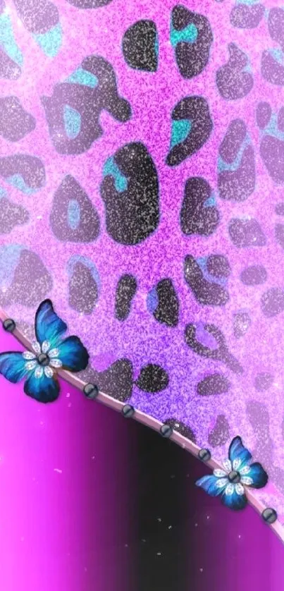 Purple leopard print wallpaper with blue butterflies.