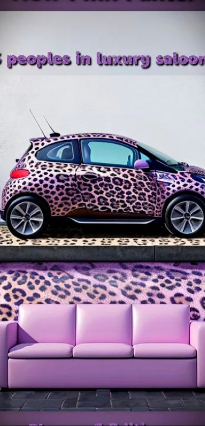 Leopard print car against a luxurious purple backdrop.