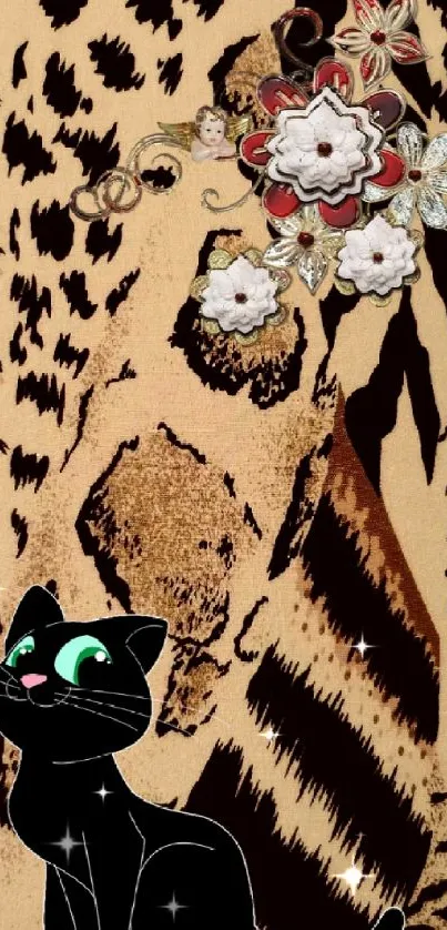 Exotic leopard print wallpaper with black cat and flowers.