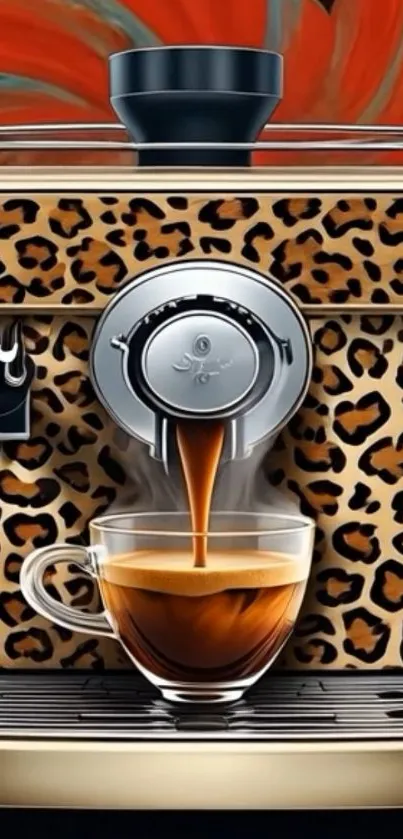 Leopard print coffee machine with espresso pouring.