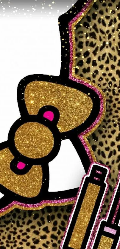 Leopard print wallpaper with glitter bow and makeup.