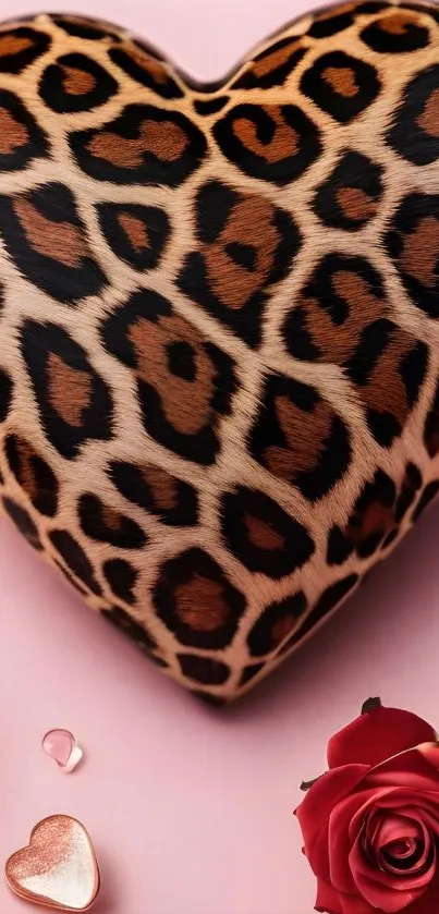 Leopard print heart with red roses and hearts on pink background.