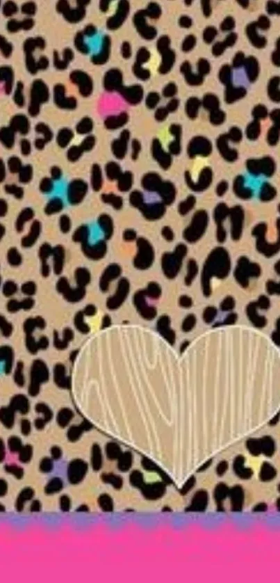 Leopard print wallpaper with wooden heart and colorful spots.