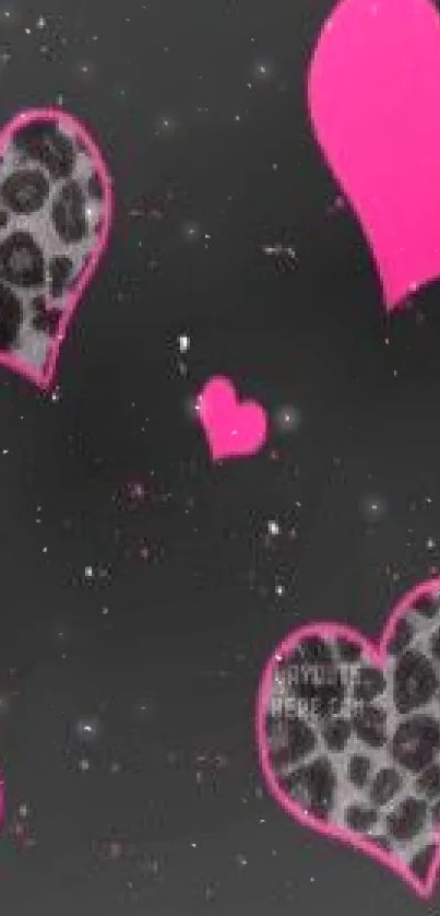 Pink hearts and leopard print on a black background wallpaper.