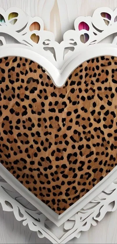 Heart-shaped leopard print design with white ornate frame.