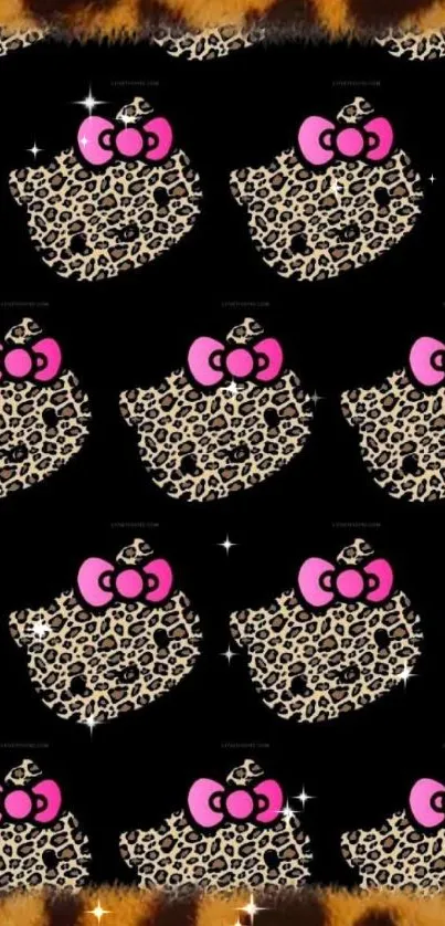 Leopard print kitty wallpaper with pink bows on black background.