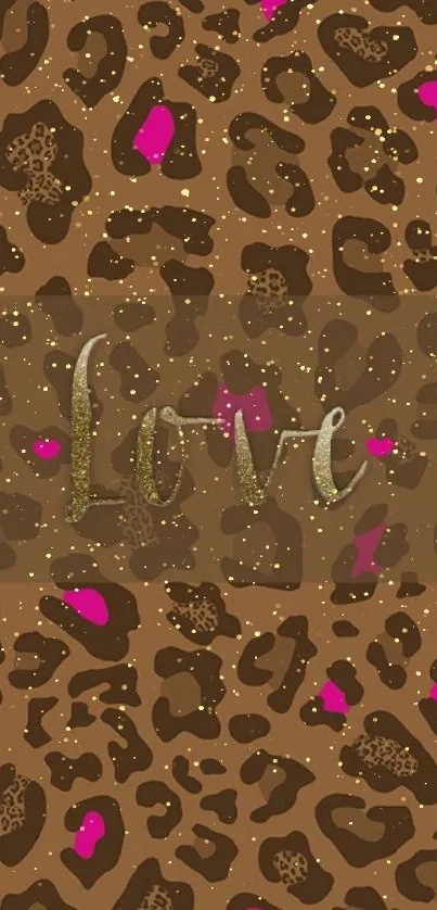 Leopard print wallpaper with gold 'Love' text and pink accents on brown background.