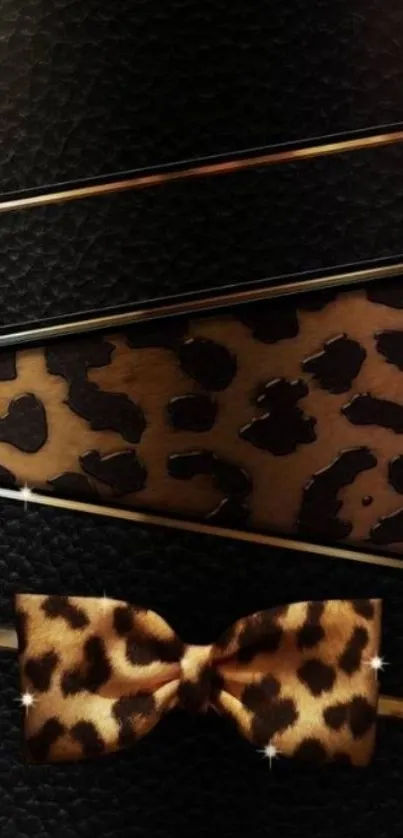 Leopard print wallpaper with gold accents and a bow tie.