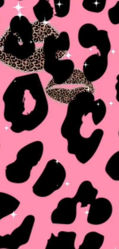 Pink leopard print wallpaper with black and brown spots.