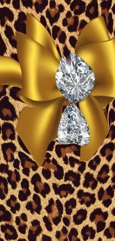 Leopard print wallpaper with gold bow and gemstones.