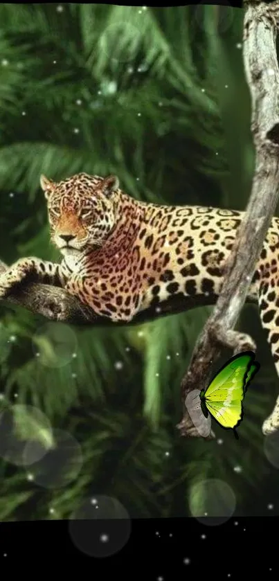 Leopard resting on a tree branch with lush green background.