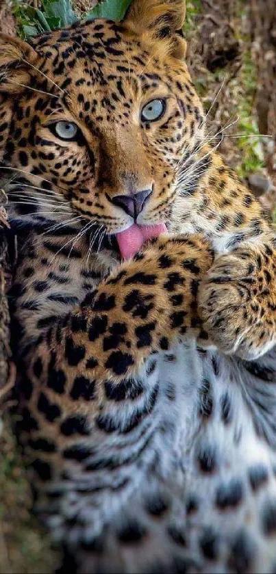 Leopard resting with tongue out in forest.