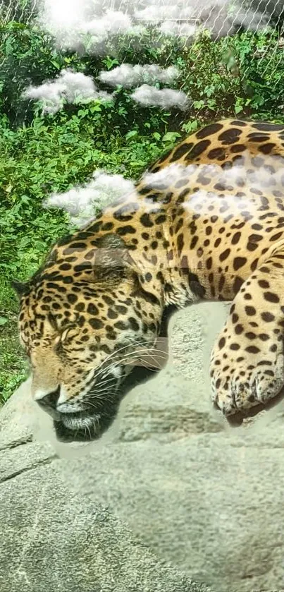 Leopard relaxing on a rock with lush greenery backdrop.