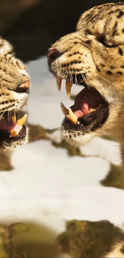 Two leopards roaring in stunning wildlife background.