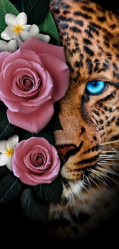 Leopard face with roses on a dark background.