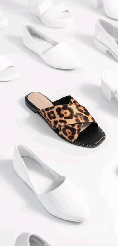 Leopard sandal stands out among white shoes.