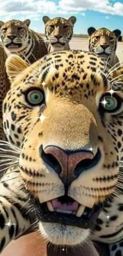 Leopard family selfie in desert, vivid wildlife scene.