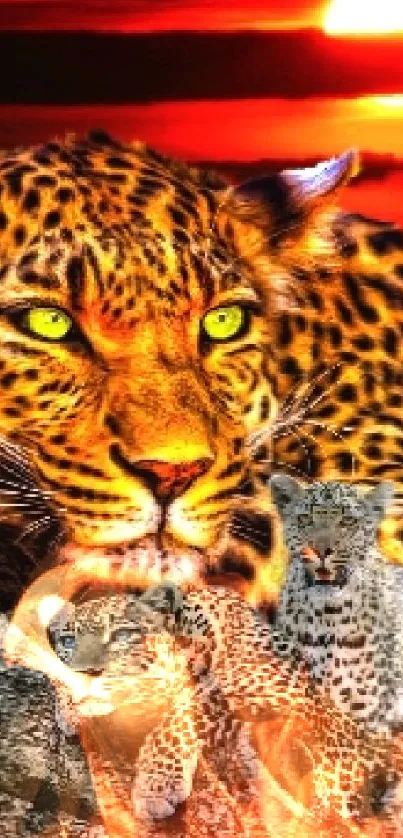 Leopard resting at sunset with vibrant colors.