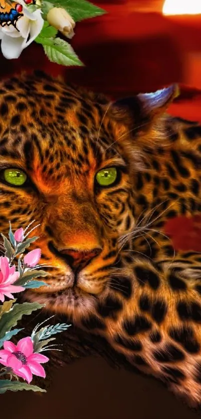 Leopard resting on a tree at sunset with flowers around.