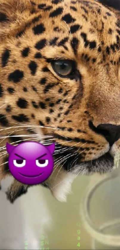 Leopard with mischievous emoji on mobile wallpaper.