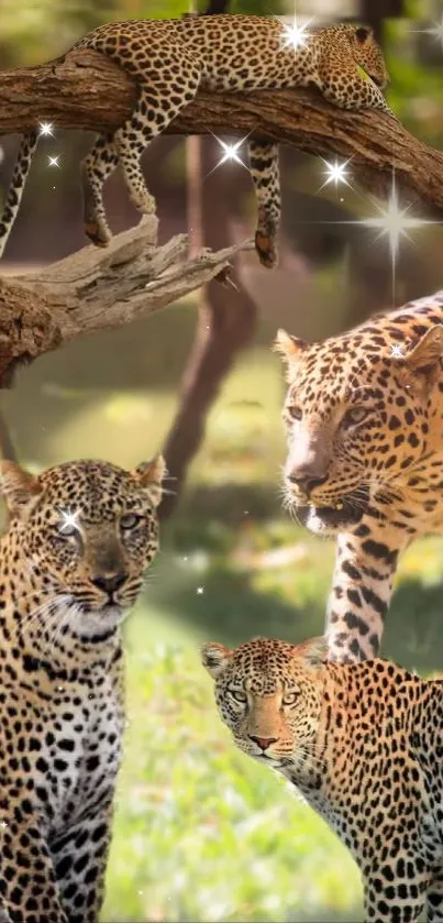 Leopard resting on tree branch in forest scene.