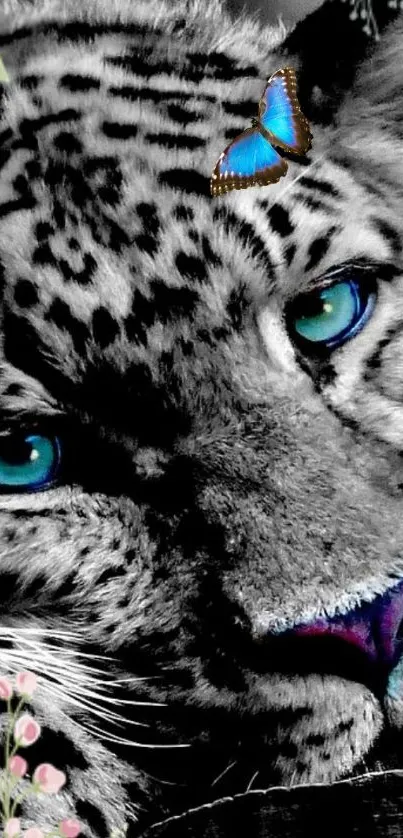 Leopard with blue eyes and butterfly wallpaper.