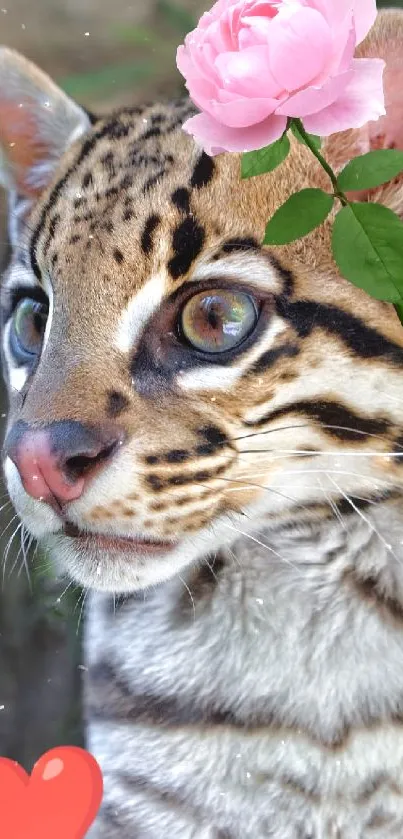 Cute leopard with a pink flower and heart icon.