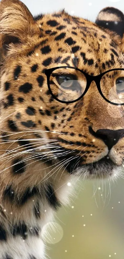 Leopard wearing glasses with blurred background.