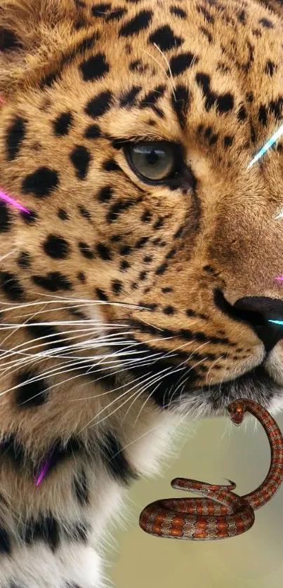 Leopard face with neon lights, intense and captivating.