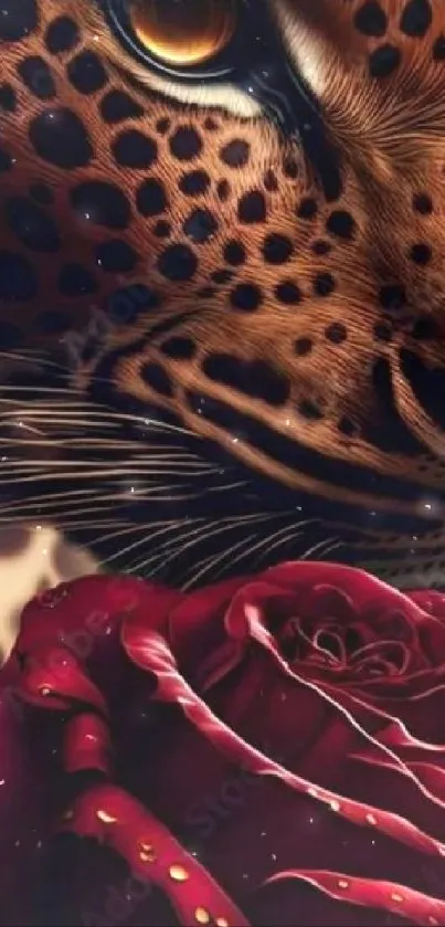 Majestic leopard with a red rose art wallpaper