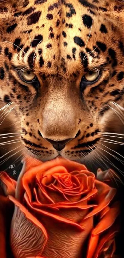 Leopard gazing over a vibrant orange rose.